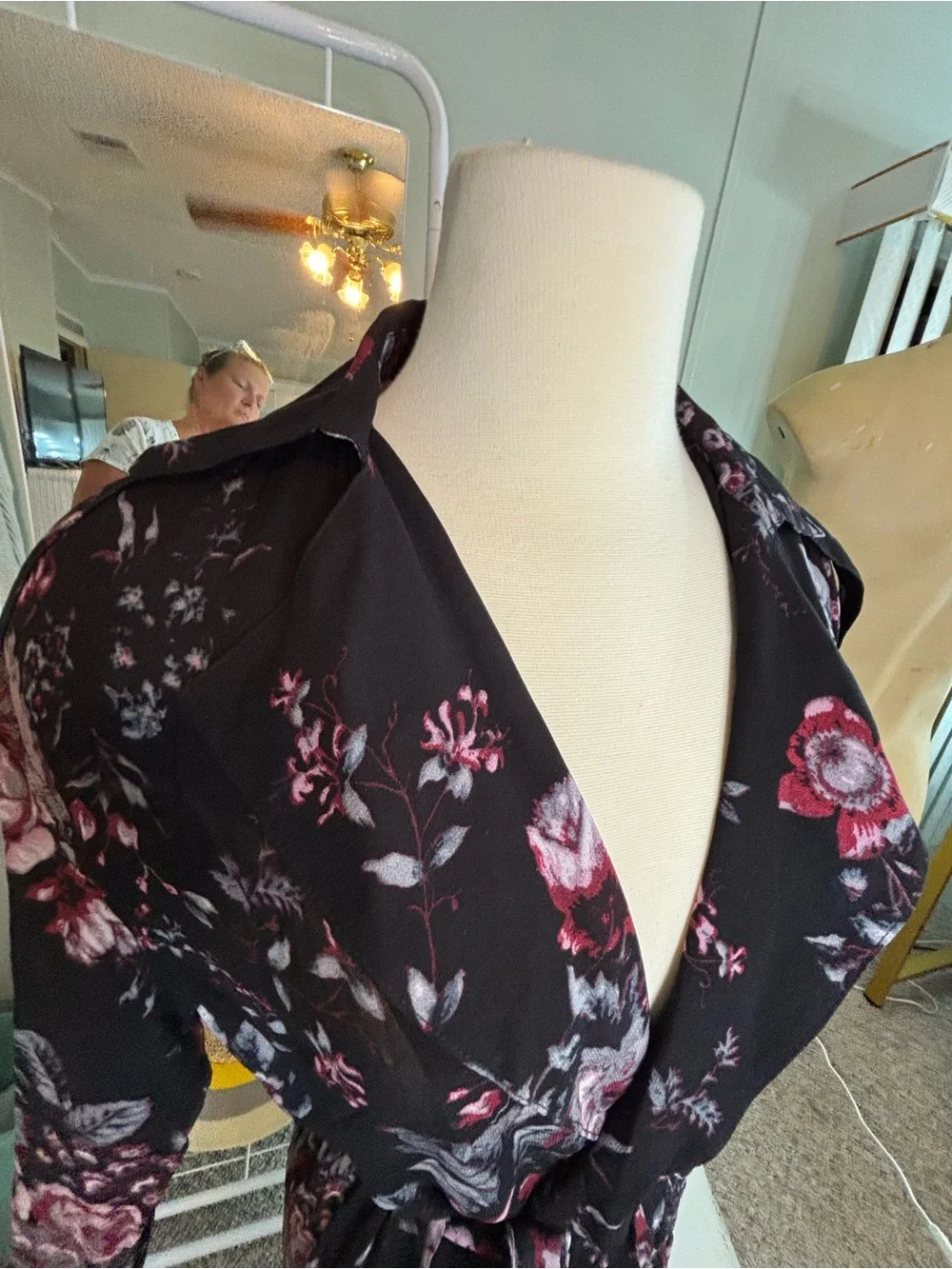 Leith Black Floral Satin Wrap Robe with Plum Accents